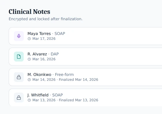 The clinical notes list, showing draft and finalized notes