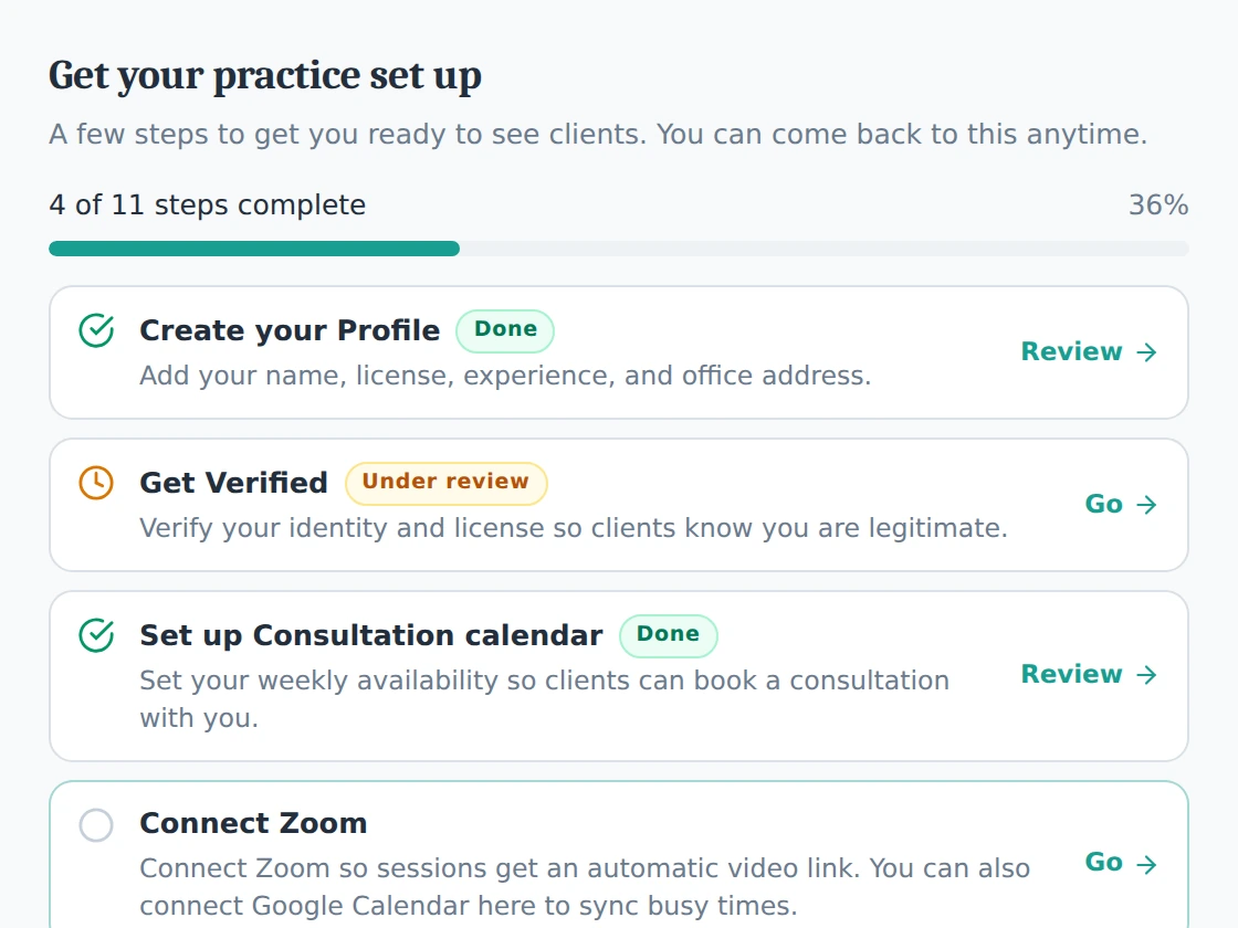 The onboarding checklist, showing setup steps and progress