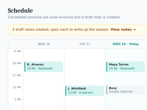 A weekly schedule of sessions and consultations